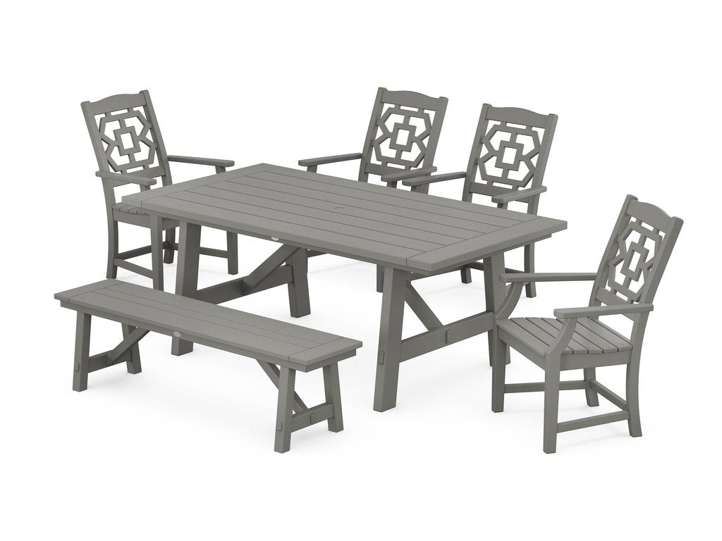Chinoiserie 6-Piece Rustic Farmhouse Dining Set with Bench Photo