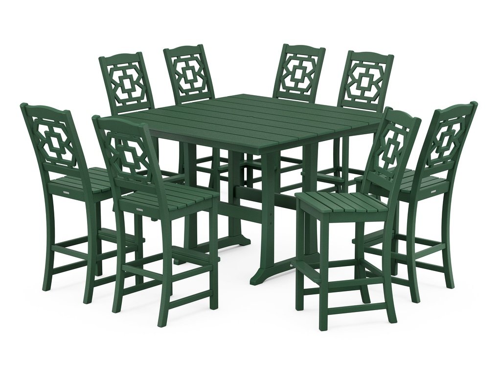 Chinoiserie 9-Piece Square Farmhouse Side Chair Bar Set with Trestle Legs Photo