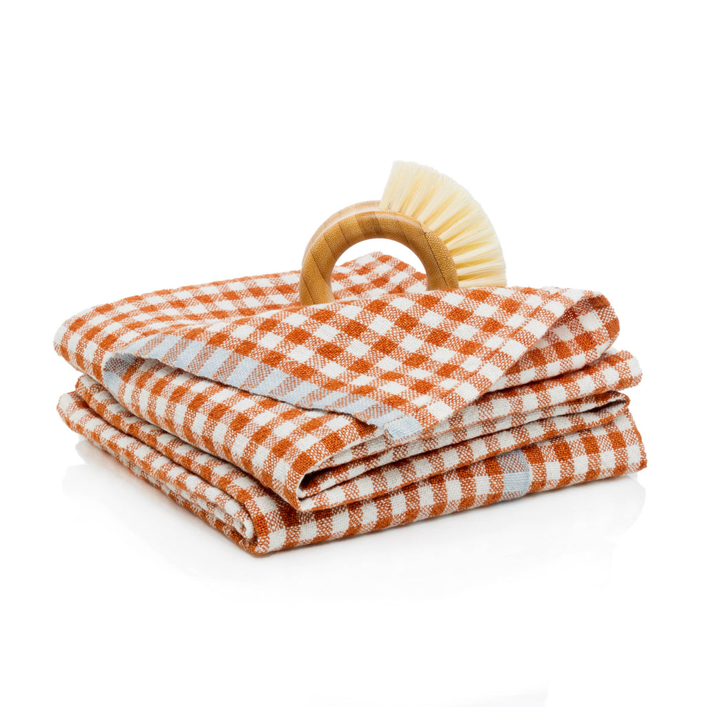Two-Tone Gingham Cognac and Blue Towels - Set of 2